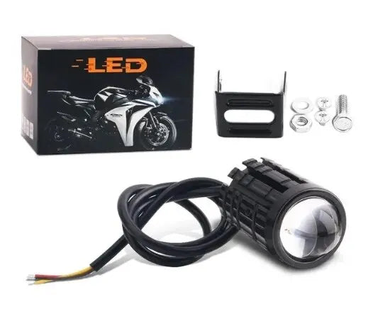 A black LED motorcycle projector headlight assembly with a dual-color beam and mounting bracket.