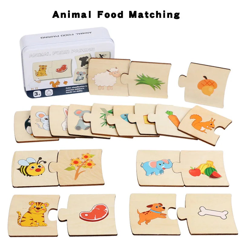 Un juego de puzzles de animales de madera para niños con animales como un gato, cerdo y pájaro.