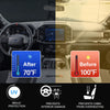 Interior sunshade for a Ford truck dashboard showing before and after temperature reduction.