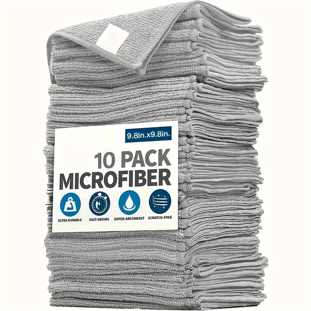 A stack of gray microfiber cleaning cloths in a 10 pack set.