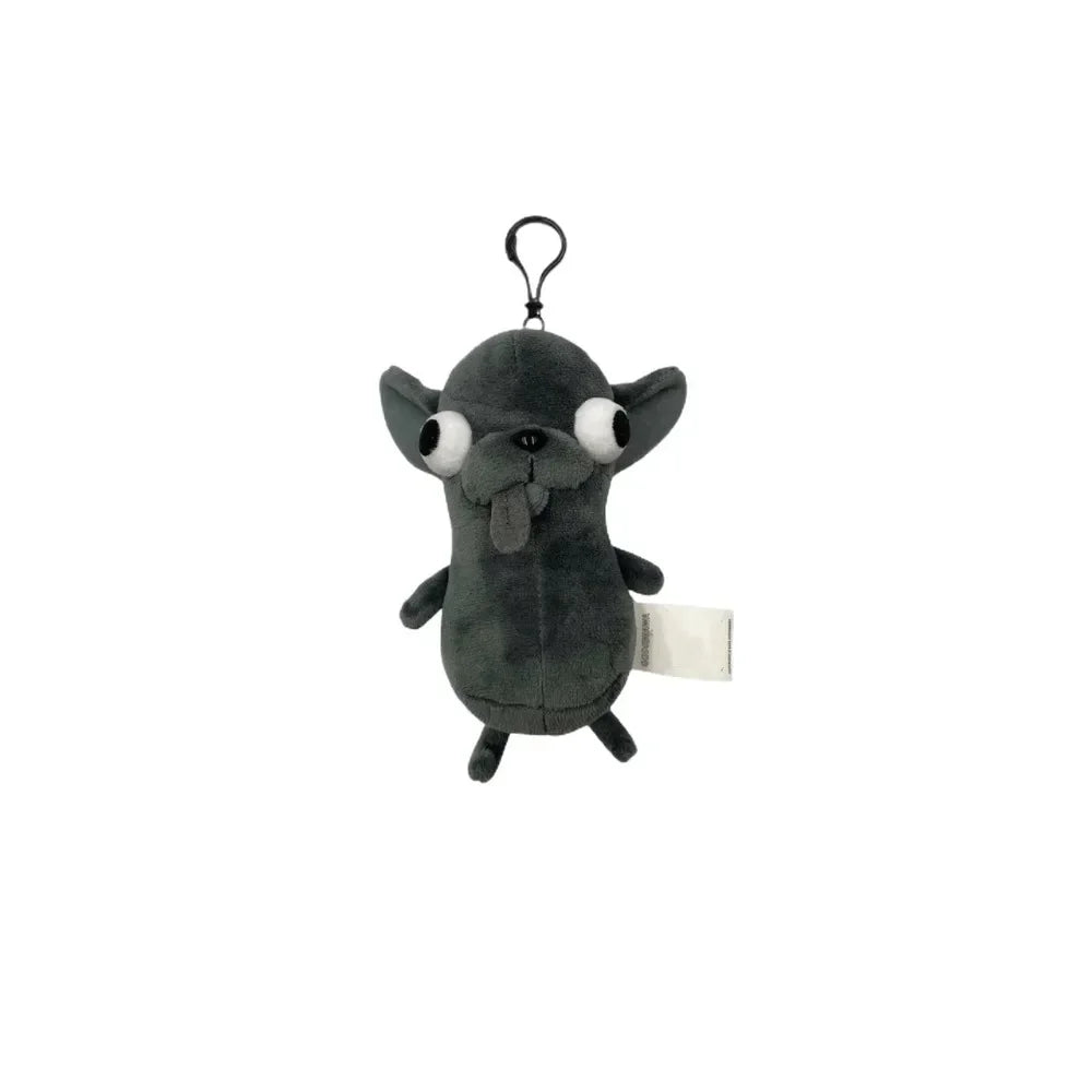 A gray plush chihuahua dog pendant keychain with a loop.