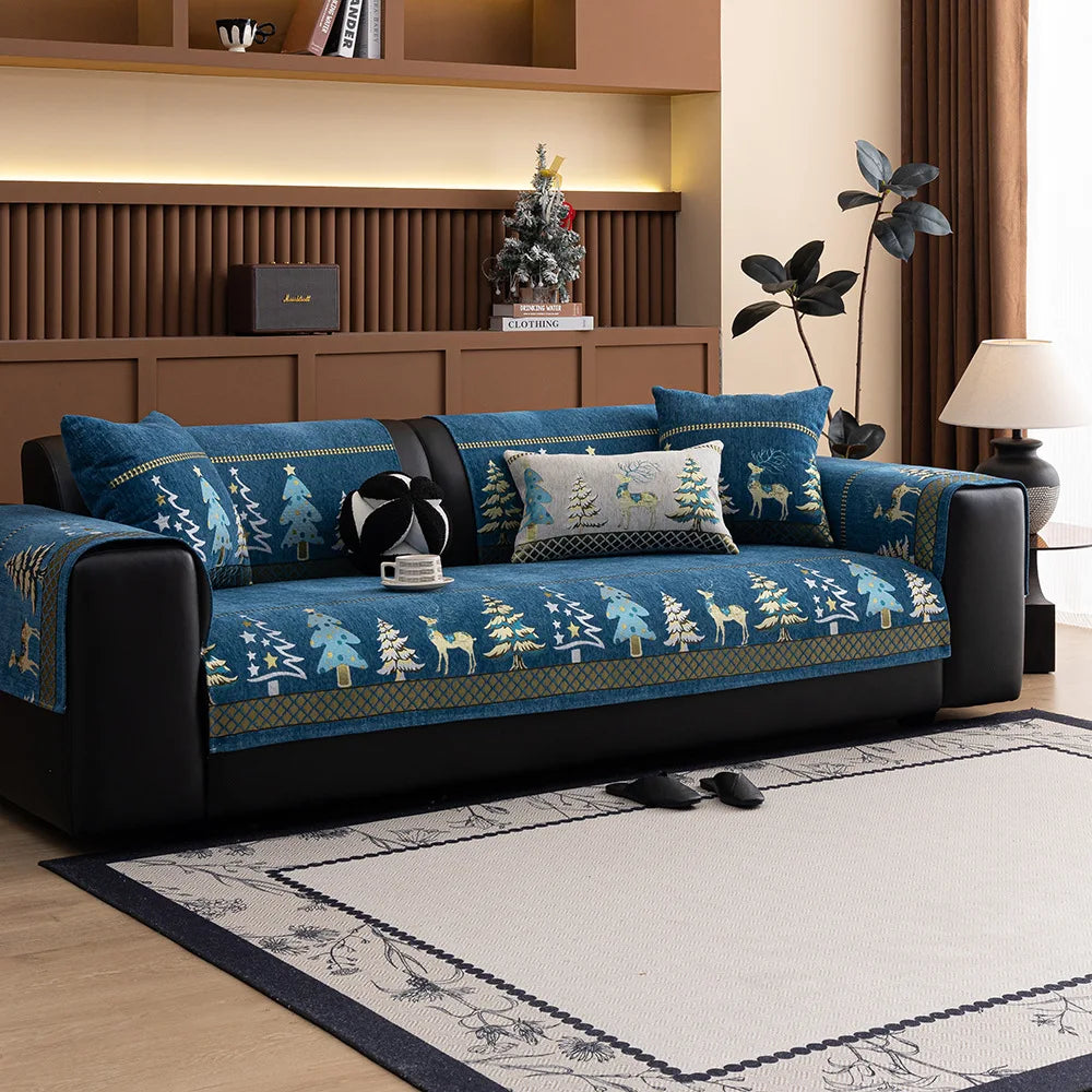 Festive Chenille Christmas Sofa Cover with Deer & Tree Pattern
