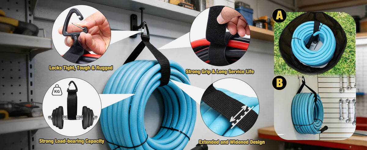A set of blue waterproof RV hose and gear storage bags demonstrating features like tight locks, strong grip, and extended des