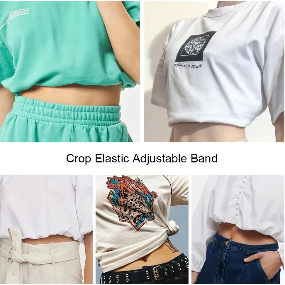 A set of crop elastic adjustable bands used to tuck sweaters and shirts into jeans or pants.