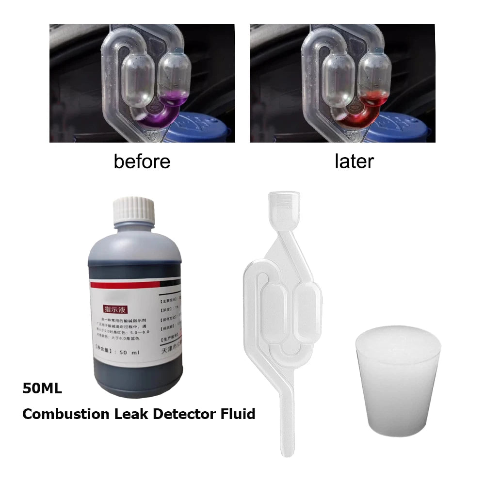 A set of combustion leak detector fluid bottles and a plastic applicator for testing.