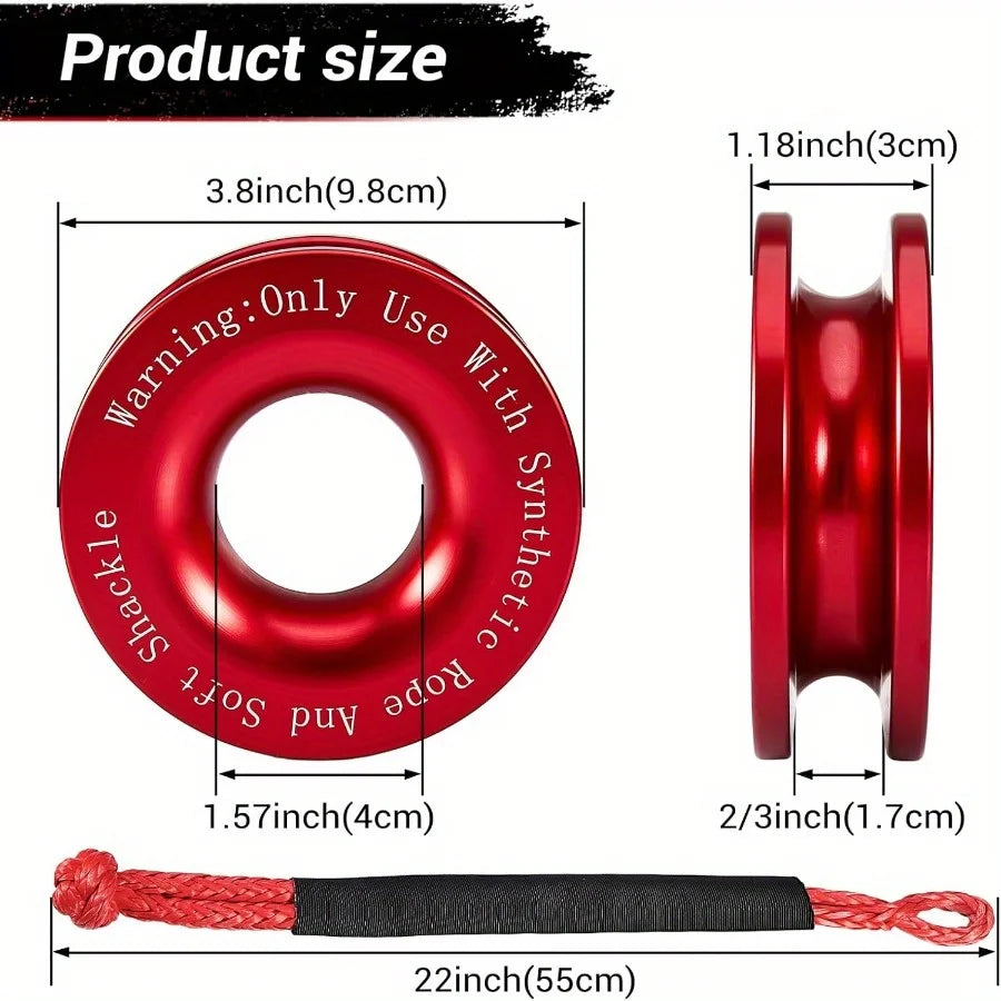 A red synthetic rope shackle and recovery ring kit with a black sleeve and measuring tape.