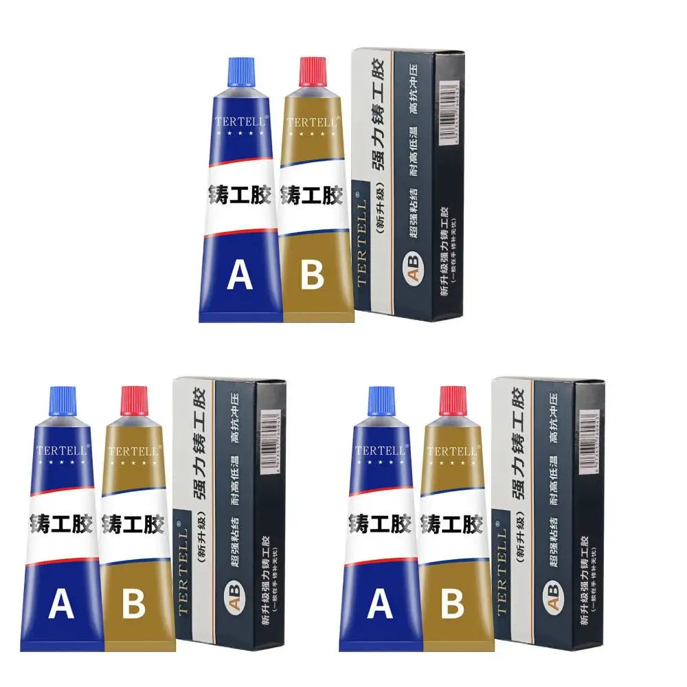 Set of TERTELL high-strength heat-resistant AB metal repair adhesives in blue and gold packaging.