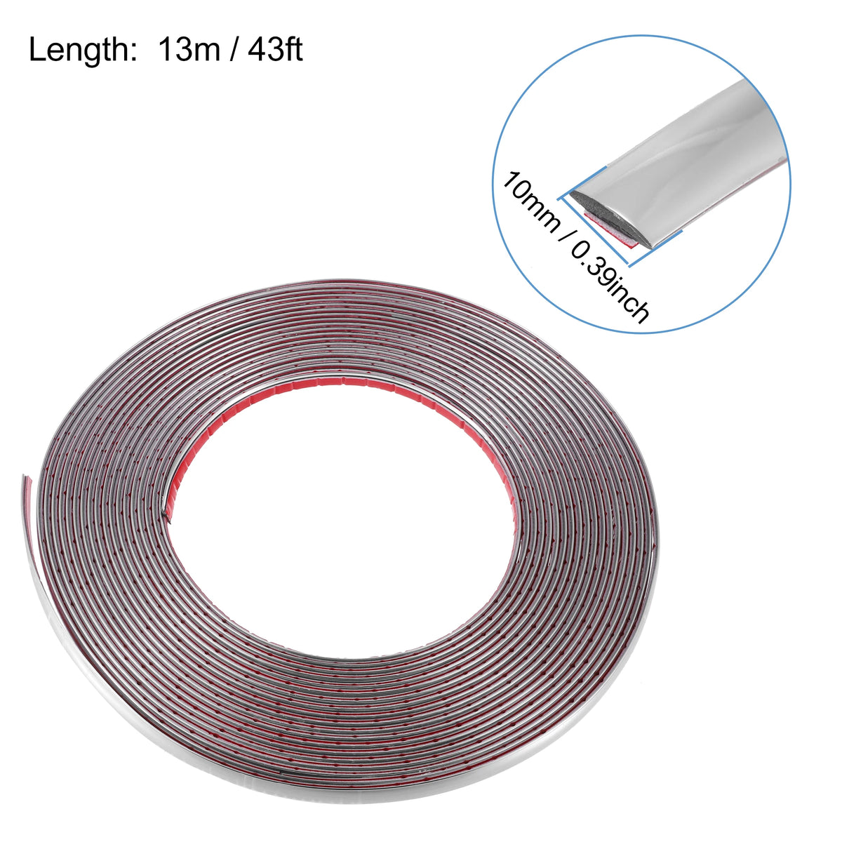 Roll of chrome car door edge guard trim strip with a 10mm thickness shown in a circular view.