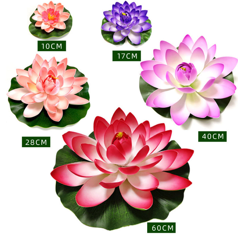 A collection of pink and purple lotus flowers of various sizes displayed on green leaves.
