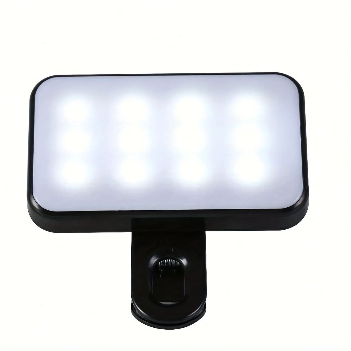 A portable clip-on LED selfie light with three color modes, featuring a rectangular white light panel and a black base.