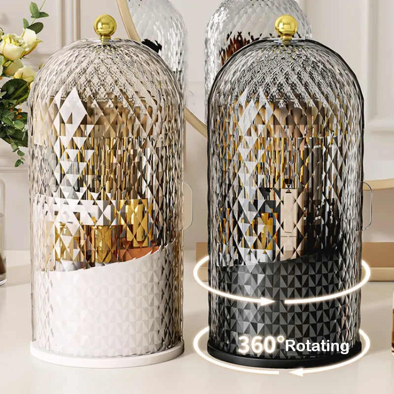 Organizador de brochas de maquillaje de vidrio transparente con tapa y patrón geométrico, con capacidad de rotación de 360 gr