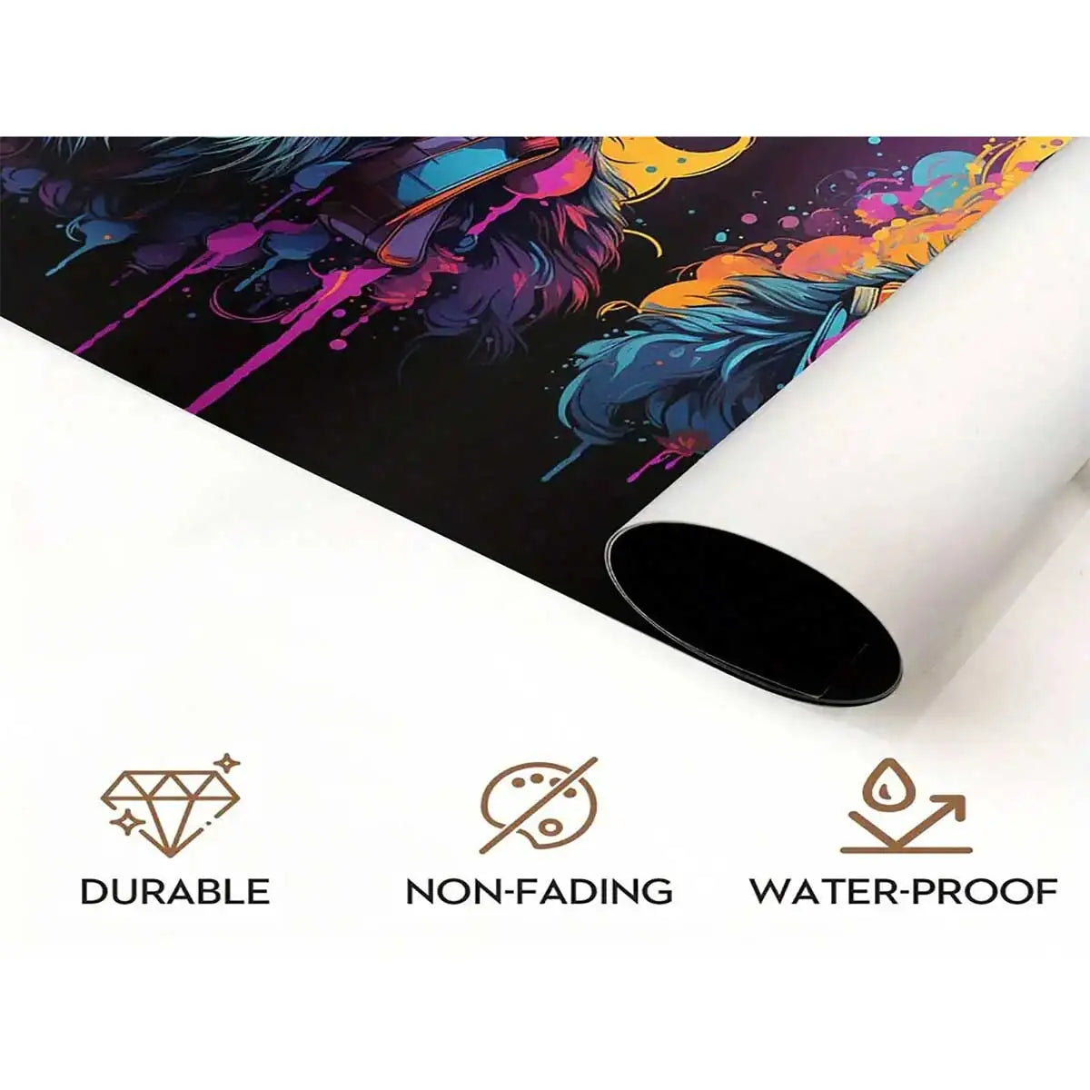 Ein Rollen individueller Leinwand-Fotodruck mit einem lebendigen, farbenfrohen Design auf dunklem Hintergrund.