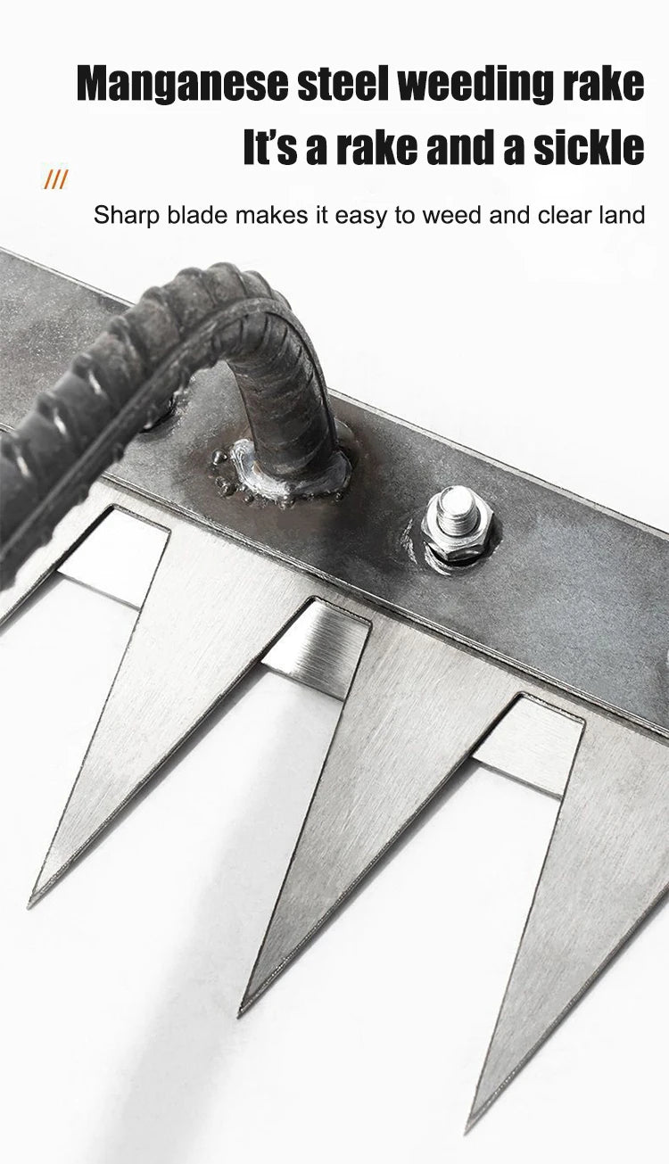 Close-up view of a manganese steel weeding rake with sharp blades and a metal handle.