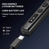 A close-up view of a black rechargeable battery and charging cable for an electric precision screwdriver set.