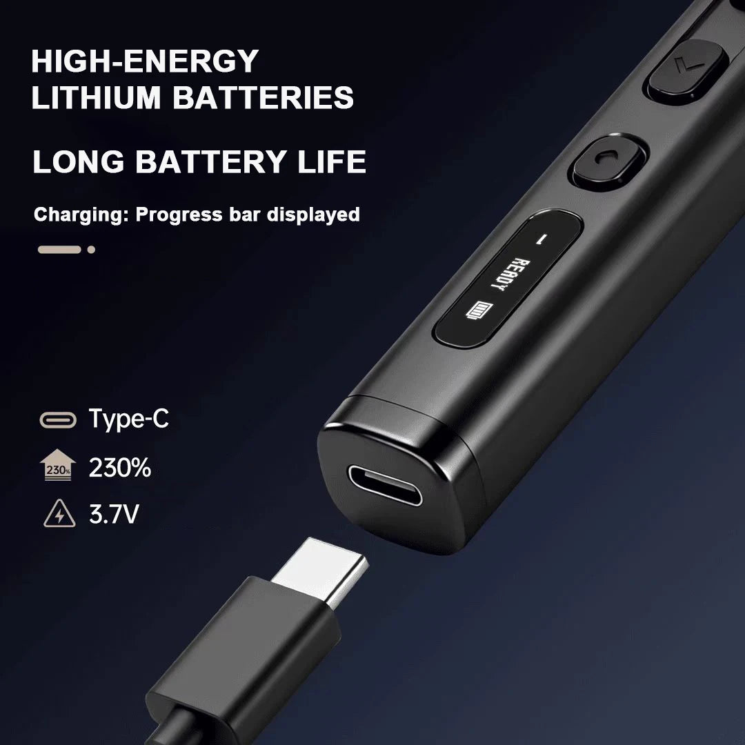 A close-up view of a black rechargeable battery and charging cable for an electric precision screwdriver set.