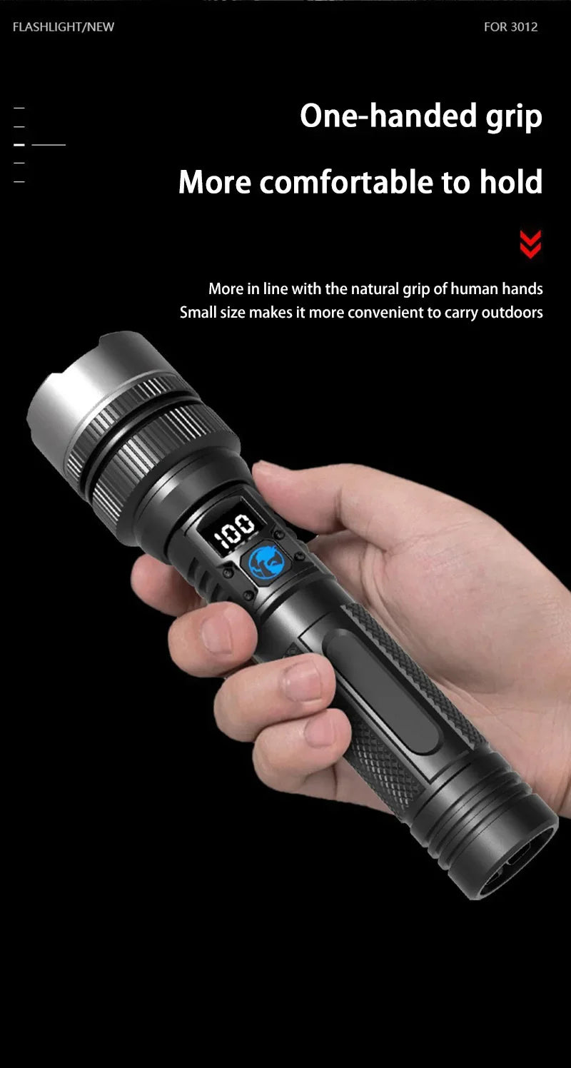 A hand holds a black high-power rechargeable LED flashlight with a digital display, demonstrating its one-handed grip.