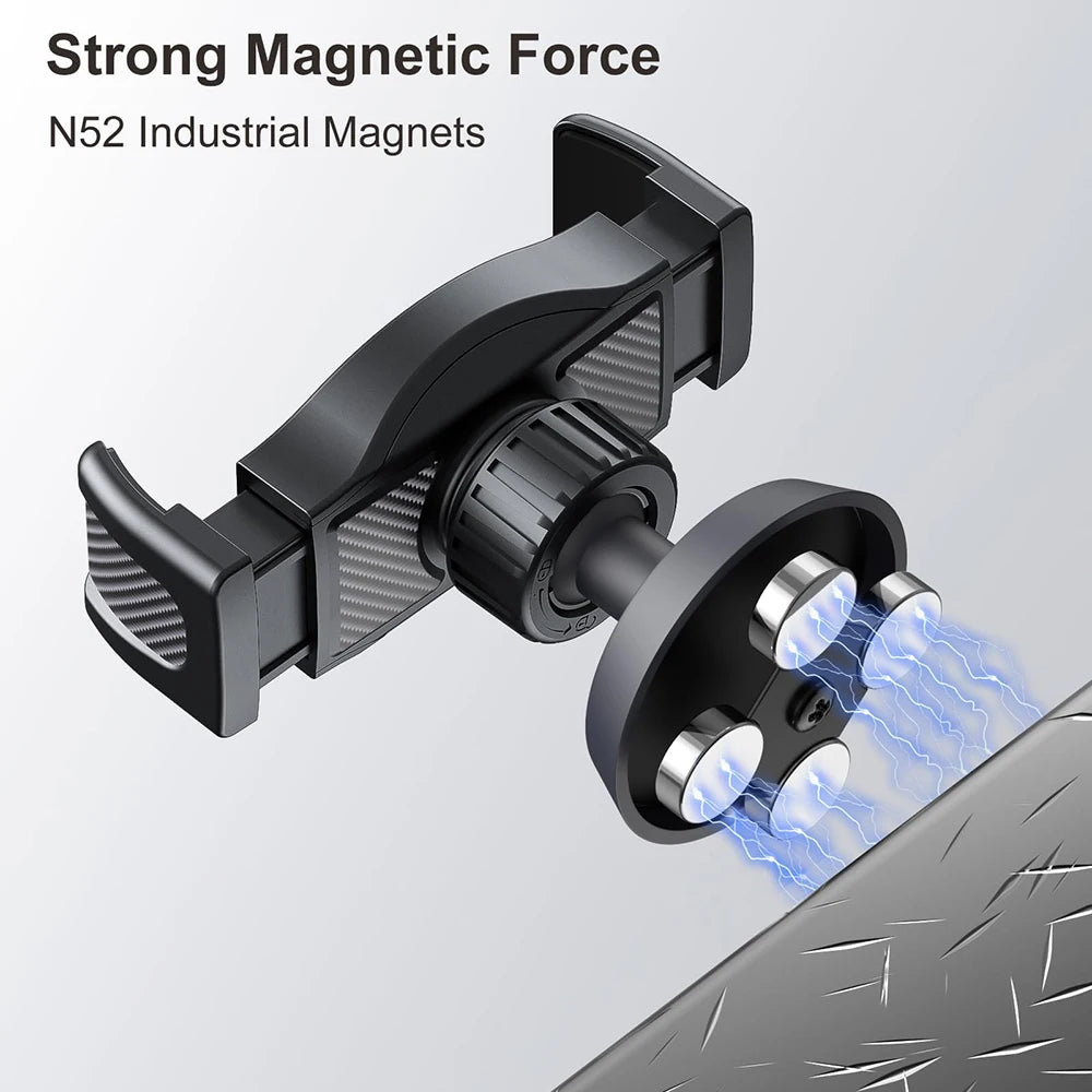 A black N52 industrial magnet device is shown gripping a metal surface with blue magnetic force.