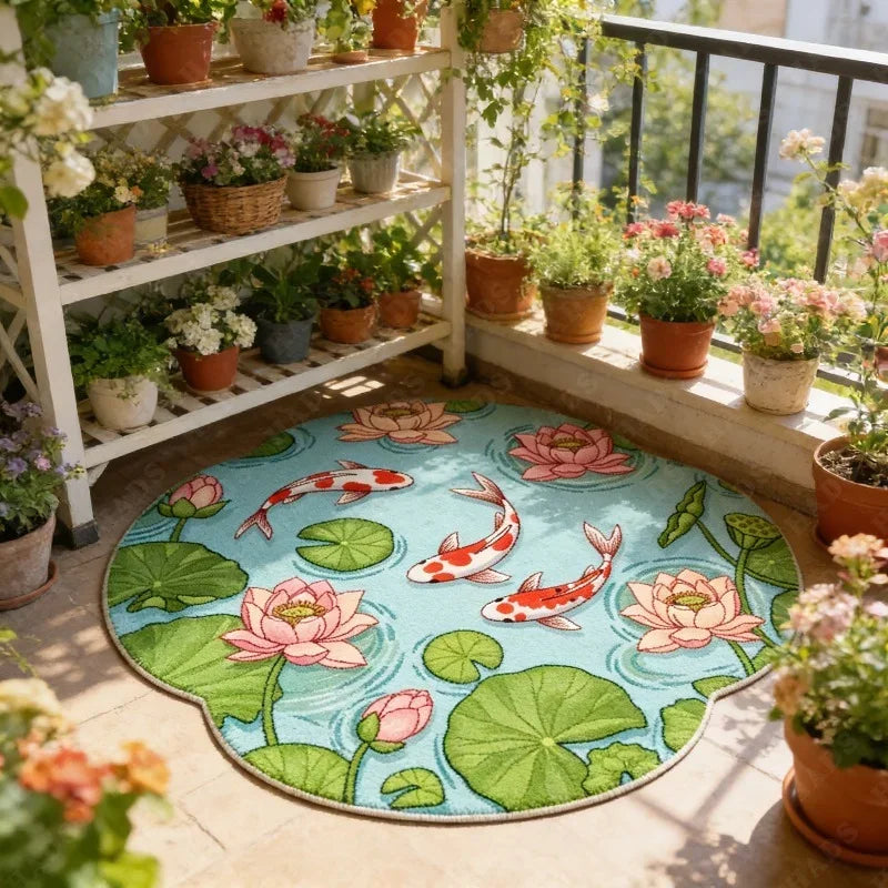 Round Non-Slip Koi Fish Pattern Plush Rug