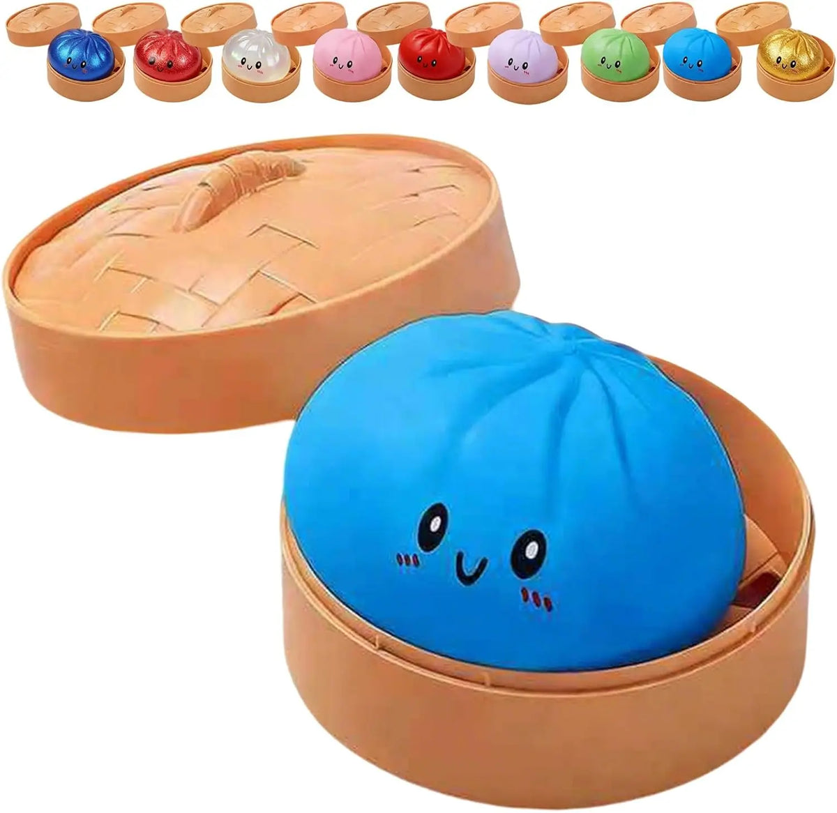 A set of colorful glitter dumpling squishy toys in various shades and shapes displayed in an orange container.