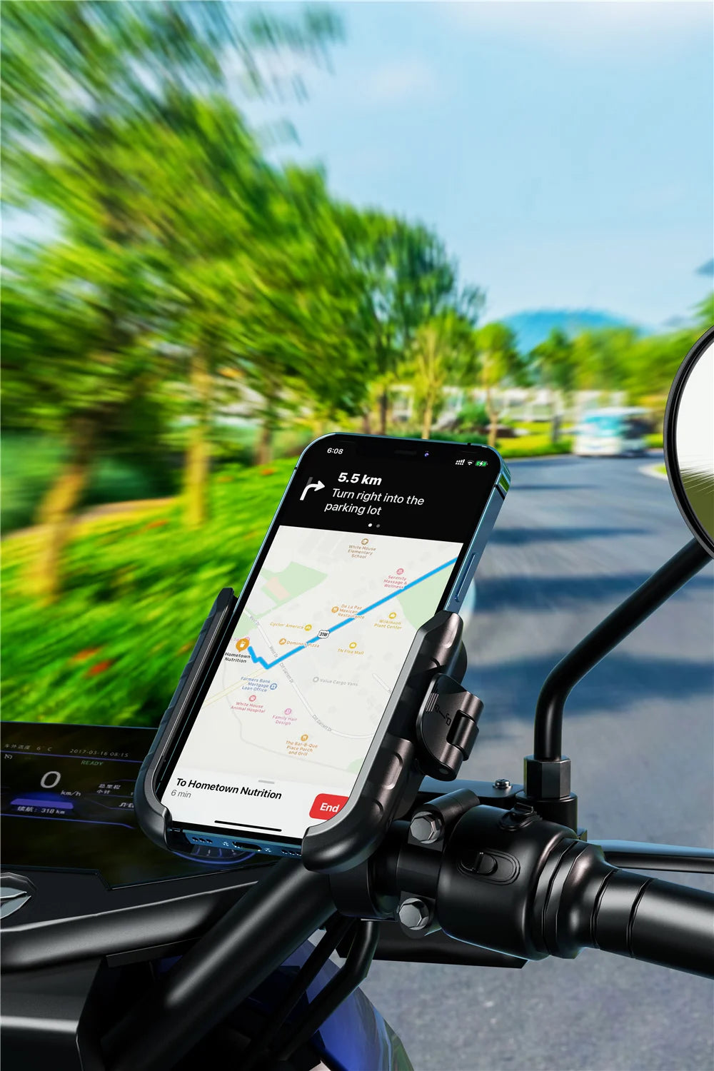 A smartphone is mounted on a motorcycle handlebar using a quick-release mount, displaying navigation directions.