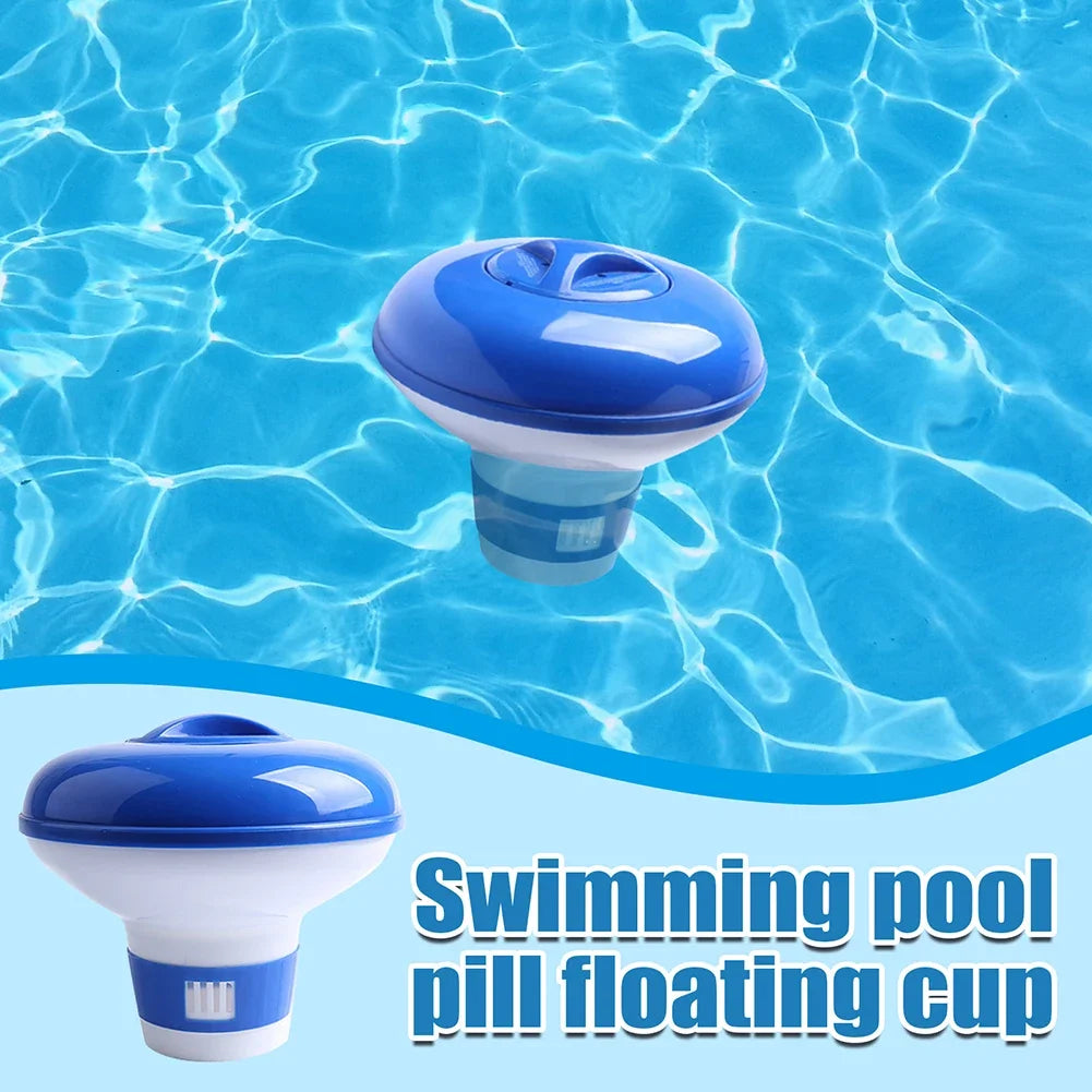 A blue floating cup dispenser for swimming pools, shown in water.