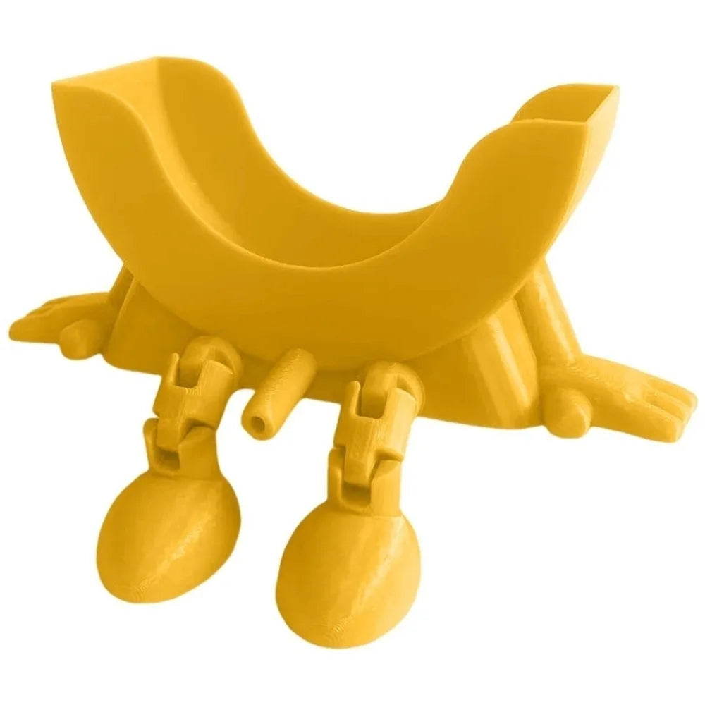 A yellow 3D sponge holder with a hanging design for the kitchen sink.