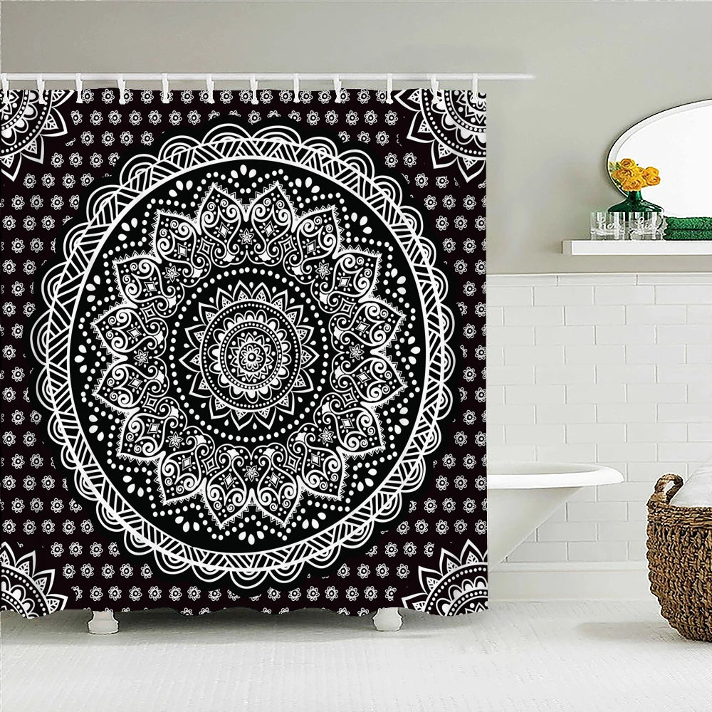 Mandala Boho Shower Curtain with Floral Print