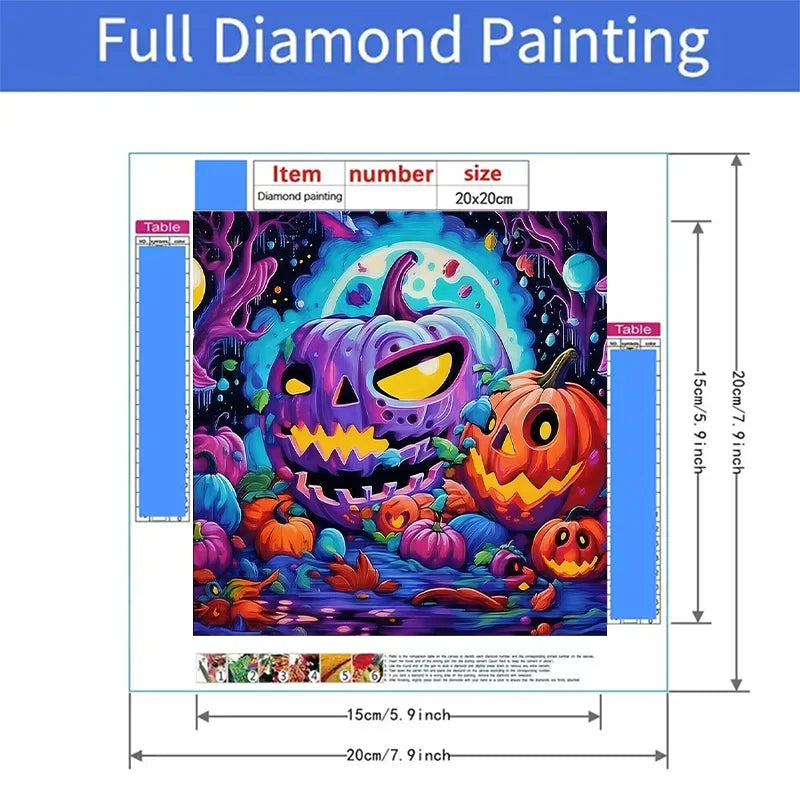 A full diamond painting featuring a purple and orange pumpkin design on a dark background.