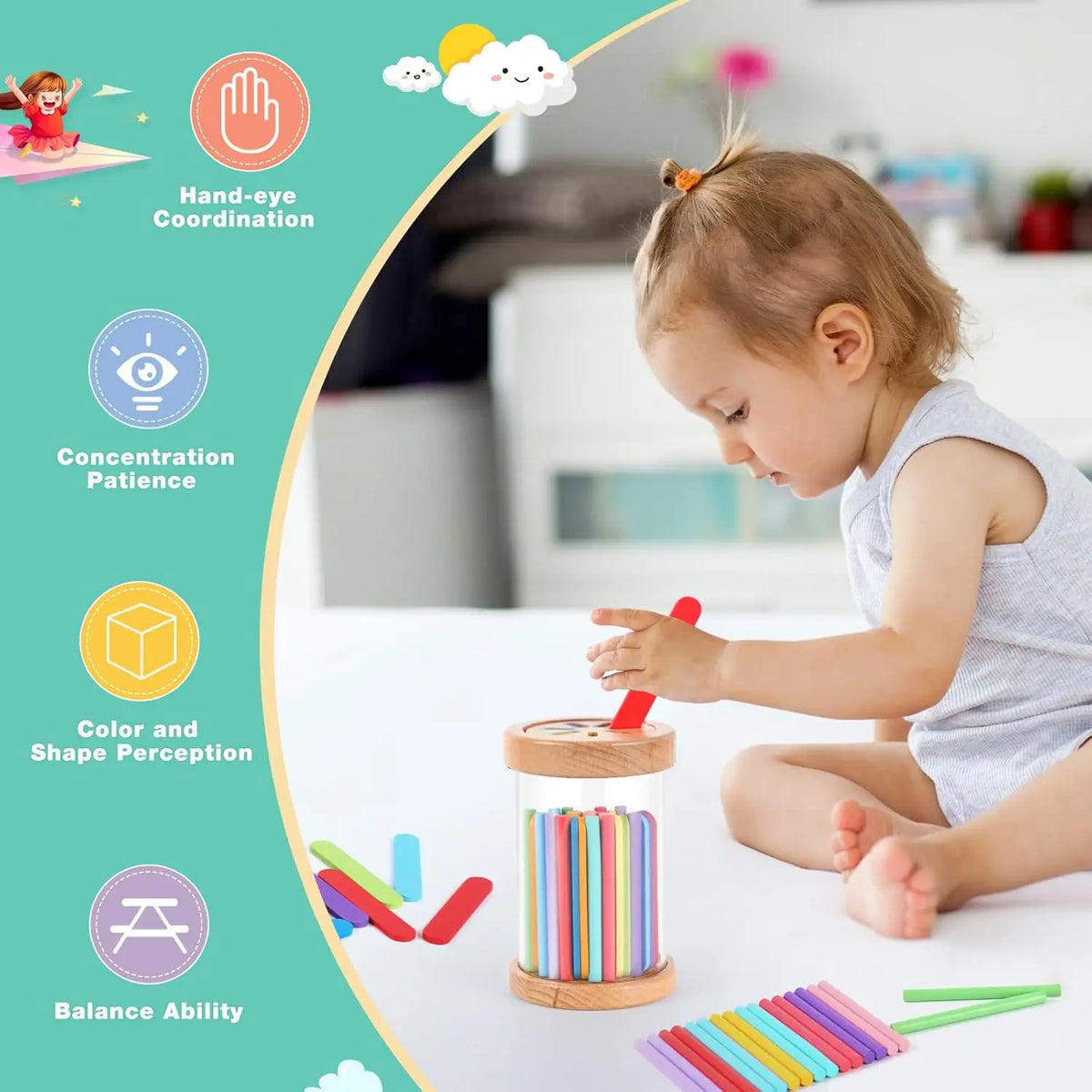 A toddler is playing with a wooden color sorting toy, demonstrating hand-eye coordination and fine motor skills.