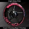 High Gloss Pink motorcycle wheel with custom MT-07 decals and 17-inch rim size.