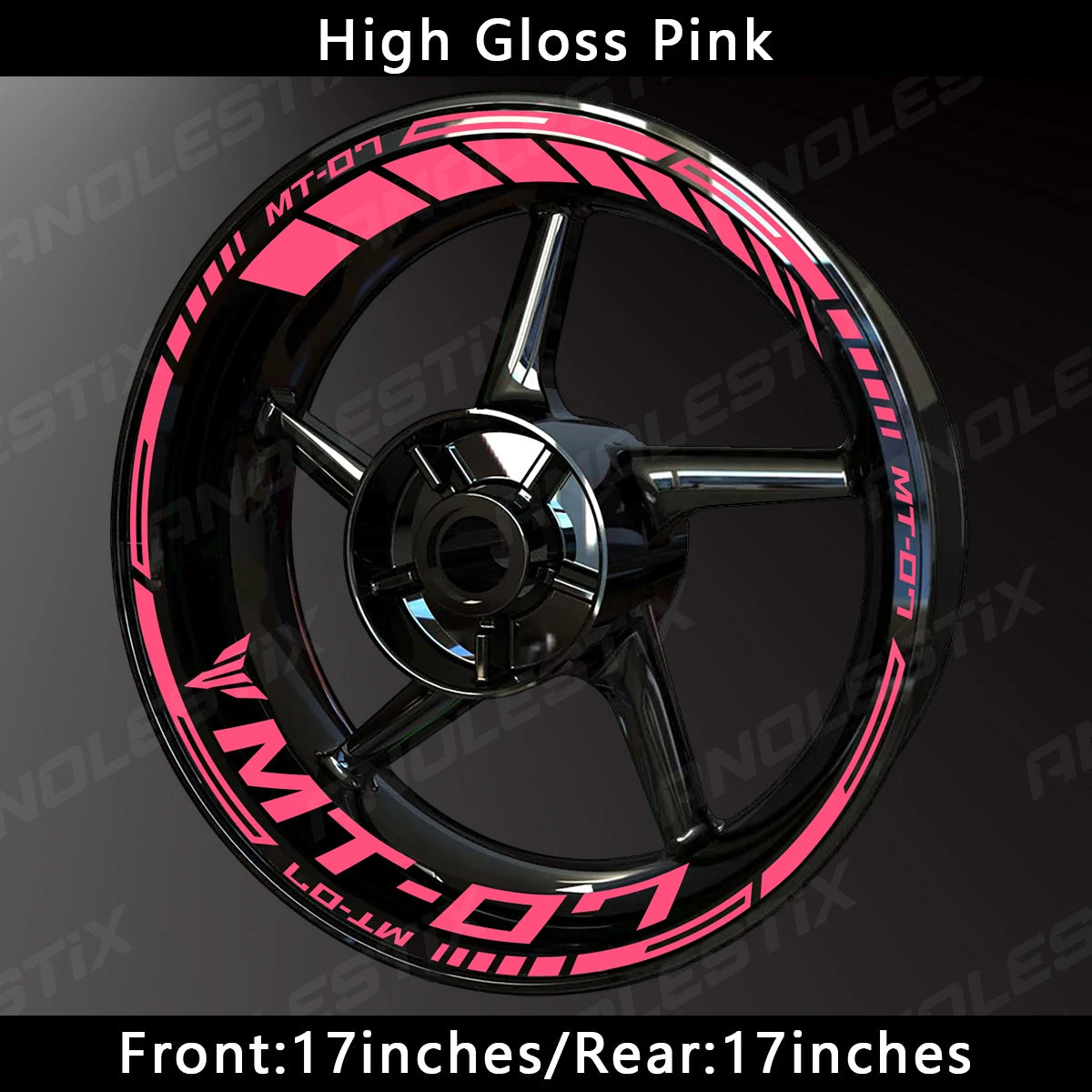 High Gloss Pink motorcycle wheel with custom MT-07 decals and 17-inch rim size.