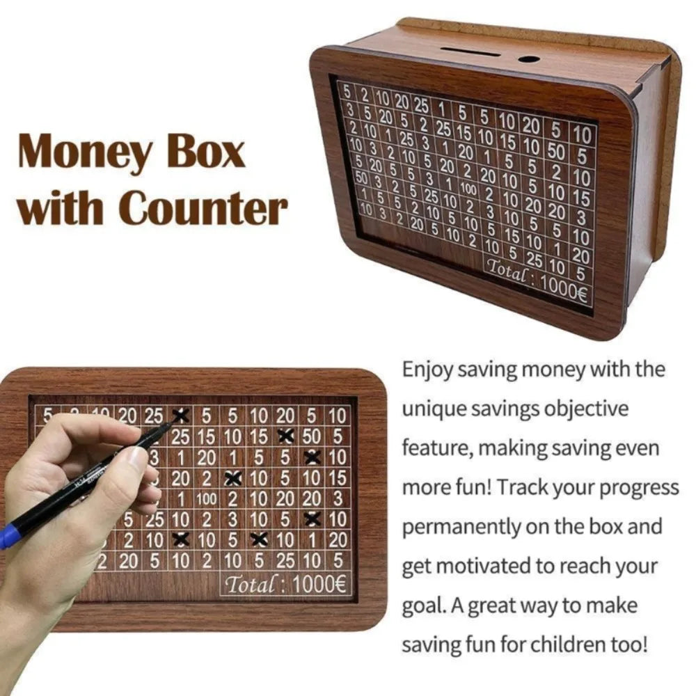 Une boîte à monnaie en bois avec un compteur de progrès d'épargne et une main écrivant sur la boîte.
