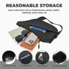 A black chest bag is shown with various compartments for storing items like phones, glasses, and wallets.