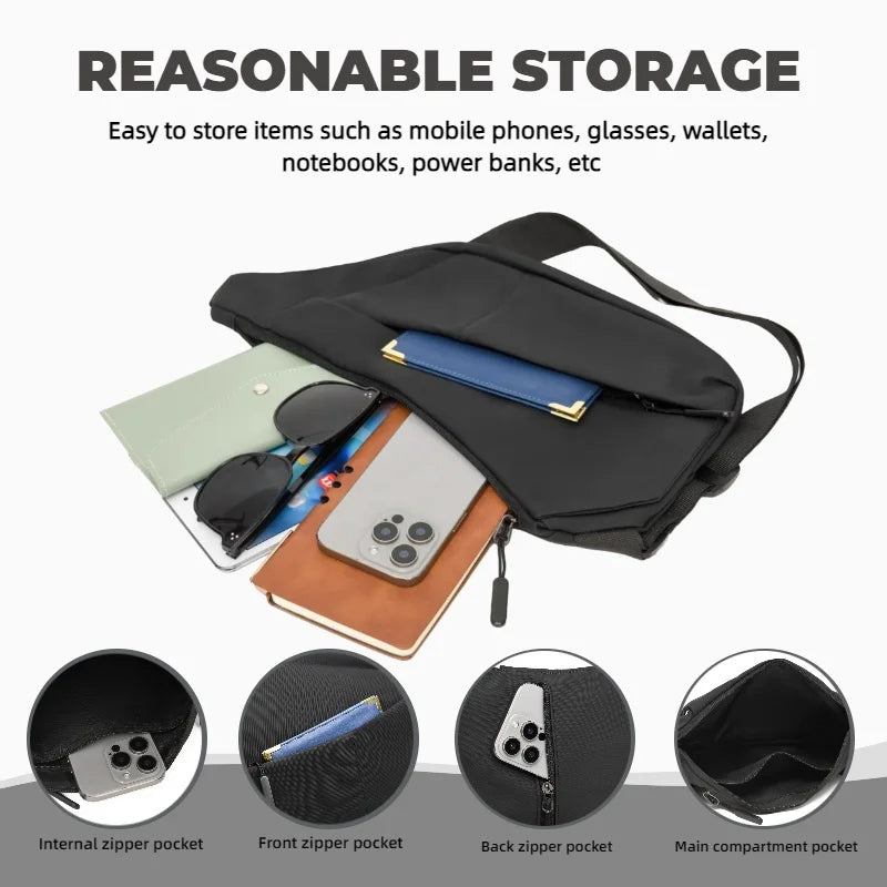 A black chest bag is shown with various compartments for storing items like phones, glasses, and wallets.