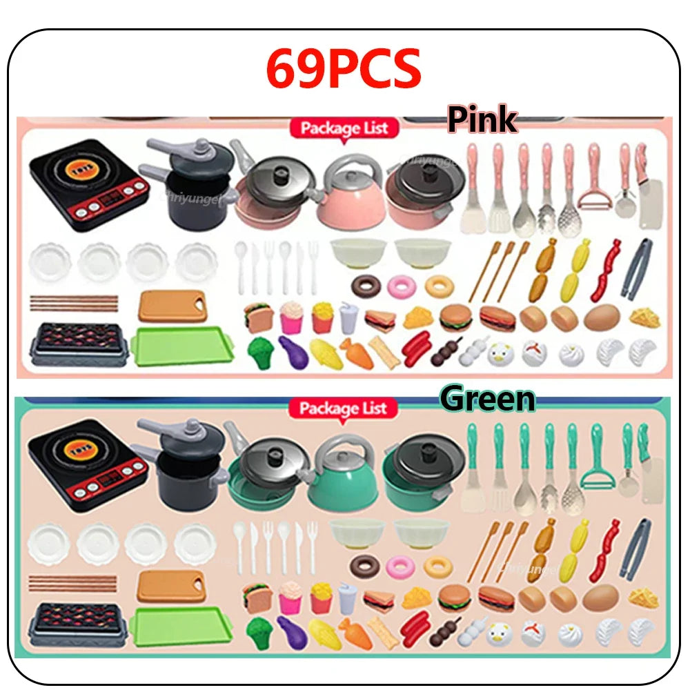 A set of 69 pieces of pink and green kids pretend play kitchen cooking utensils including pots pans and various food items