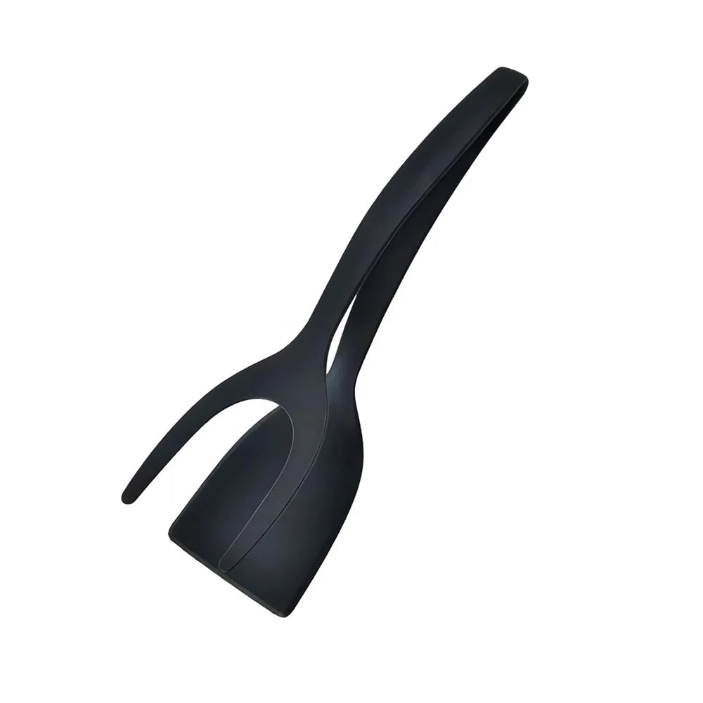A black 2-in-1 grip and flip spatula tongs shown against a white background.