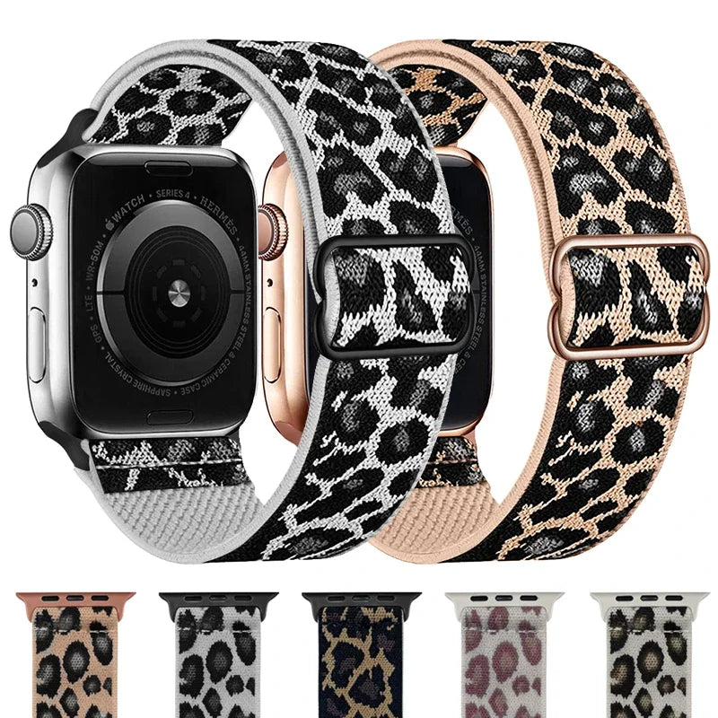 Leopard Print Nylon Apple Watch Band with Adjustable Strap