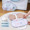 A beige mesh laundry bag is shown on a white surface, demonstrating anti-winding and wear-resistant features.