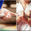 Close-up shots showing hands applying and using white athletic finger tape for climbing and martial arts