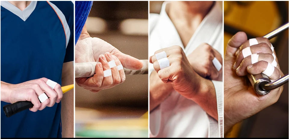 Close-up shots showing hands applying and using white athletic finger tape for climbing and martial arts