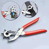 A pair of red and silver multifunctional leather hole punch pliers shown with inset images.
