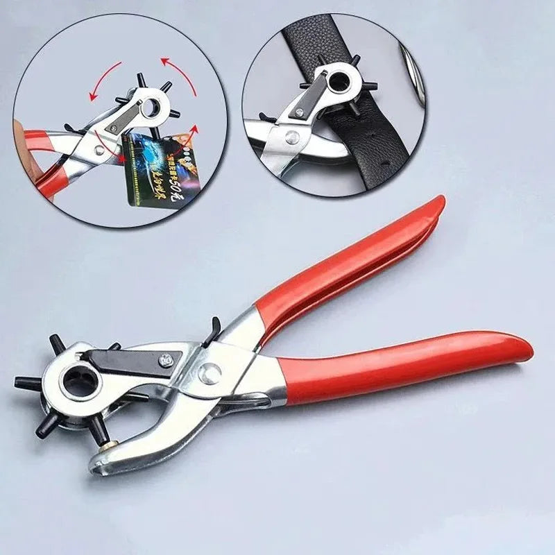 A pair of red and silver multifunctional leather hole punch pliers shown with inset images.