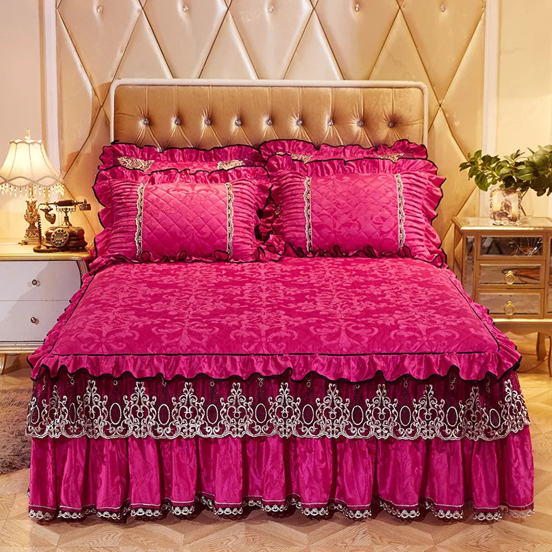 Lace Bed Skirt Set with Matching Pillowcases