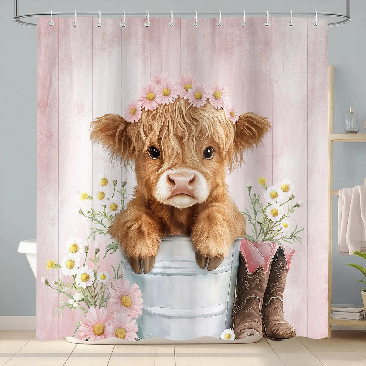 A watercolor illustration of a fluffy brown Highland calf with pink floral accents, displayed against a pink wooden backdrop.