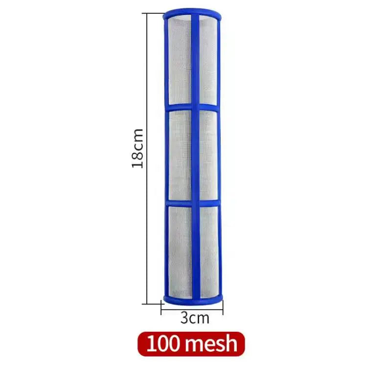 Vertikales blaues Maschenfilter-Set für eine luftlose Sprühmaschine, 18 cm hoch und 3 cm breit.