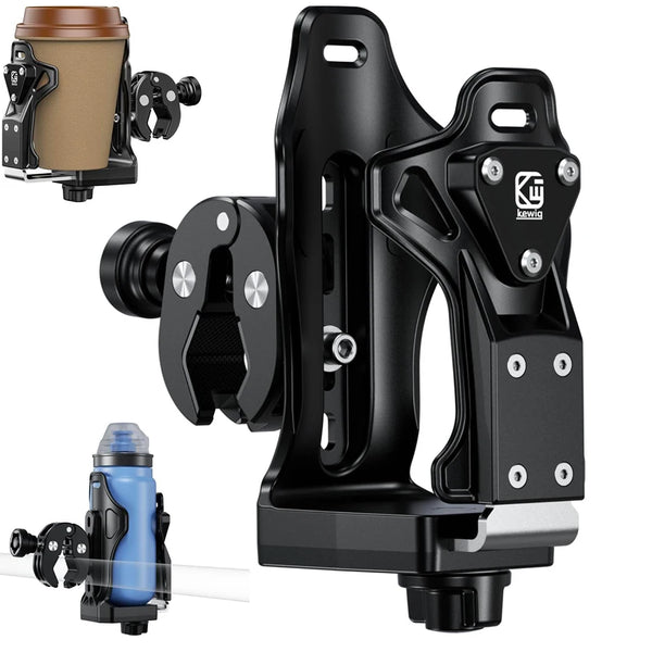 A black universal adjustable holder for mounting water bottles on a motorcycle or bike.