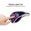 A hand touches a transparent crystal gear shift knob with purple light, demonstrating the touch light up feature.