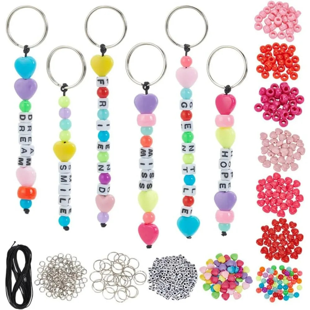 Complete Acrylic Bead Keychain Making Kit with Heart Beads & Rings
