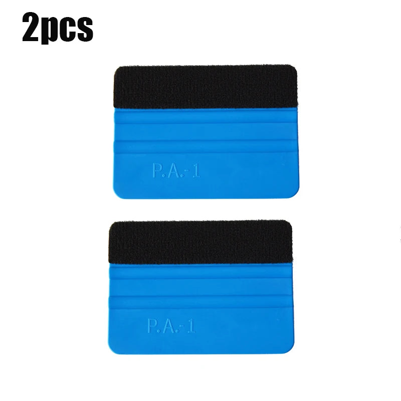 Two black and blue suede felt squeegees for car vinyl wrap and window tint installation