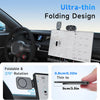 A magnetic car phone mount is shown in a vehicle interior, demonstrating its foldable design and thin profile.